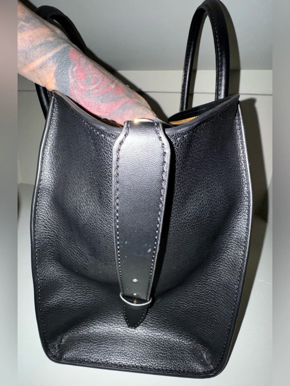 Michael Kors Black Leather Satchel Tote Handbag Gold Logo